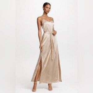 Halston Heritage Champagne Satin Slip Dress with Double Side Slits & Tie Waist